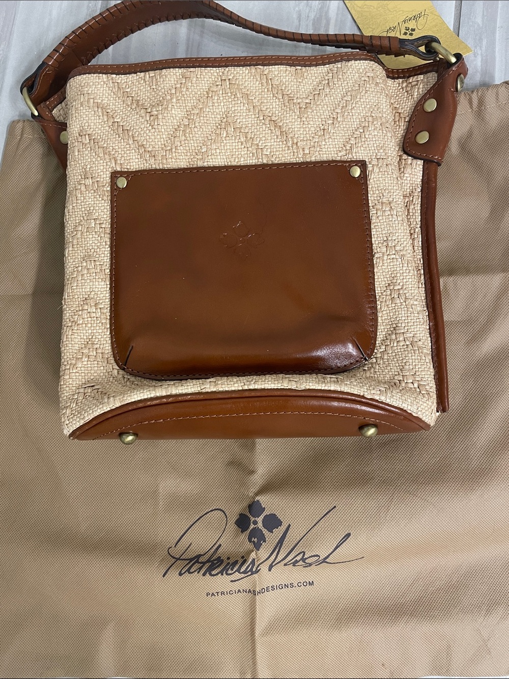 Patricia Nash Cream Straw Crossbody Bucket Bag with Brown Leather Tassel